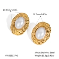 Detail view of oval pearl earrings with gold stainless steel frame and measurements - Gold Oval Style (YYE025137-G)