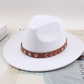 White wool fedora hat with brown leather rivet band and vintage bohemian metal accents - Flat Brim Rivet Wave Decor / White