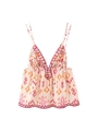 Dettaglio del ricamo di paillettes e motivi floreali etnici su un crop top con scollo a V - XS / Albicocca con stampa rosa arancio