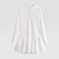 Minimalist white batwing sleeve dress with buttoned collar and ruffled hemline - XS / White