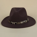 Classic dark brown wool fedora hat for women with leopard print belt and silver buckle - M (56-58cm) / Coffee