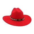 Classic red western cowboy hat with wide brim and leather band with bronze buckle - Red