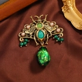 Vintage gold insect brooch with emerald green stones, pink pearls and beaded tassels - Emerald Series-Green Pendant Bee
