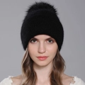 Women's black angora knit beanie with matching faux fur pompom and subtle shimmer - Black + Black Pom Pom