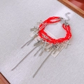 Gothic style layered red beaded bracelet with silver cross charms and metal chain tassels - 23# Bracelet - Red - Silver
