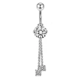 Macro detail of silver navel ring with round cubic zirconia and elegant tassel chains - Style 8-Elegant Chain Tassel