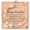 Adjustable pink marbled bead bracelet with butterfly charm on inspirational card - Braided Butterfly Pendant Style