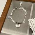 Silver bracelet with vintage lock and round pendants on brown woven cord for women - Fu Word Peace Lock (SL1228)