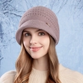 Winter chunky knit beanie in dusty pink with small brim and crown emblem detail - Mocha
