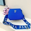 Blue geometric tote bag with textured finish and wide patterned shoulder strap - Blue