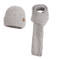 Light gray cable knit hat and scarf set for winter warmth with leather logo patch - 2-Piece Set (Hat+Scarf) / Mixed Beige