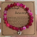 Pink zebra jasper beaded friendship bracelet with heart charm on gift message card - Rose Red Striped Agate With Card