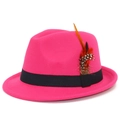 Detail of rose red fedora wool hat featuring a black grosgrain ribbon and colorful feathers - One Size(58cm) / Rose Red