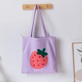 Minimalist purple canvas tote bag with 3D strawberry embroidery and cotton shoulder straps - Light Purple
