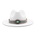 White vintage wool felt fedora hat for women with ethnic turquoise decorative band - M (56-58cm) / White