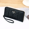 Detail view of black quilted PU leather long wallet with gold zipper and wrist strap - Black