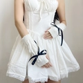 Sweet Japanese Lolita white knitted arm warmers with black ribbon bows for women - White Base Black Bow