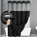 Dual-tone black and grey waffle weave shower curtain with metal ring hooks - Black