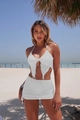 Conjunto bikini blanco de 3 piezas con top halter y falda fruncida en la playa - S / Blanco