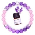 Detail view of healing yoga bracelet with lavender oil bottle and purple stone beads - Amethyst + Rose Quartz (With Essential Oil)