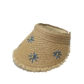 Detail of hand-woven straw sun visor with navy blue daisy embroidery and fringe edge - M (56-58cm) / Khaki