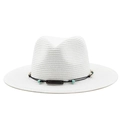 Classic white Panama straw hat with bohemian turquoise bead band for summer beach wear - M (56-58cm) / Pure White