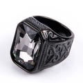 Vintage stainless steel ring featuring a square black gemstone and engraved patterns - US 7 / Black Base Grey Gemstone