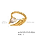 Anello aperto ala di cigno in acciaio inossidabile dorato con zircone a goccia misura 7 - US 7 / Oro Zircone Bianco (A508)