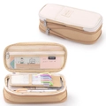 Minimalist beige and khaki canvas telescopic pencil pouch with internal mesh pockets - 589 Light Khaki/Beige