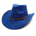 Detail of blue suede cowboy hat featuring a leopard print band and metal buckle strap - Sapphire Blue / M (56-58cm)