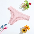 Pink low-rise cotton thong with ribbed texture and lace trim on a floral background - XL(32) / Pink