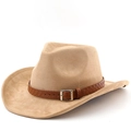 Classic khaki suede western cowboy hat with a brown braided leather band and metal buckle - M (56-58cm) / Camel