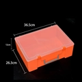 Dettaglio scatola portaoggetti in plastica arancione con misure 36,5x26,3x12cm e maniglia grigia - 36.5*26.3*12cm / Arancione