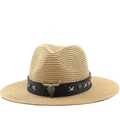 Bohemian wide brim straw fedora with longhorn bull skull buckle and metallic accents - M (56-58cm) / Khaki