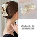 Elegant white satin bow claw clip with gold metal base for women hairstyles - Bow Clip / White