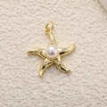 Gold starfish charm pendant with central pearl and sparkling zircon details for jewelry DIY - A0764 Starfish with Pearl
