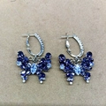 Silver drop hoop earrings with deep purple butterfly pendant and zirconia stones - Pair of 925 Sterling Silver Earring Post / Purple Butterfly