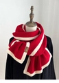 Red ribbed knit scarf with cream contrast edge and leather logo patch on black top - Red