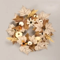 Autumn wreath with white mini pumpkins, maple leaves, and sunflowers on grey background - Autumn Harvest Pumpkin & Maple