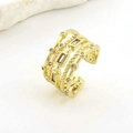 Macro shot of layered gold rope ring featuring square and round zircon stone settings - Adjustable Open / Gold Rope Twist Multi-layer Rhinestone Style (07)