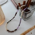 Natural tiger eye and pearl beaded necklace with purple stones and gold lobster clasp - Amethyst Pearl Necklace XL0219