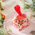Pink pyramid candy box with red floral patterns and silk ribbon for wedding gifts - Red With Tag