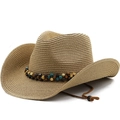 Classic khaki straw cowboy hat with decorative beads and windproof strap for outdoors - M(56-58cm) / Khaki