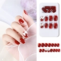 24pcs short square dark red press-on nails with white 3D bow and glossy finish - F785-15 Red With White Bow