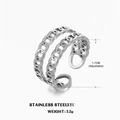 Adjustable silver double layer Cuban chain ring in polished stainless steel for women - Double Layer Chain Open Ring / Steel