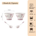 Ceramic bowl set with pink floral patterns including 2 bowls and 2 spoons for home use - 2 Bowls and 2 Spoons Set