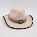Cappello western beige in feltro con intarsio turchese e bordo nero all'uncinetto - Taglia unica / Beige Bordo Nero (Pietra Blu Ovale)