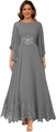 Elegant gray chiffon gown with cape sleeves and silver lace embroidery for formal events - Gray / US size 2 (S)