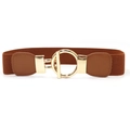 Brown elastic wide waist belt for women with a large round gold metal buckle - 75cm / Camel