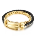 Men's double-layer braided leather and gold titanium steel chain bracelet with clasp - Gold (KB69730-BD)